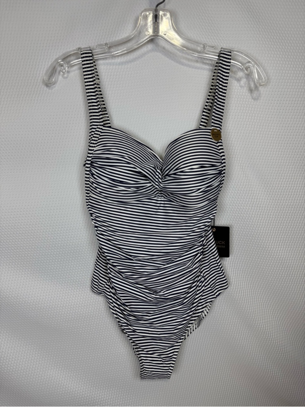 NWT Nip Tuck Swim One Piece Swimsuit Navy White Stripe Ruched Tummy Control US 8